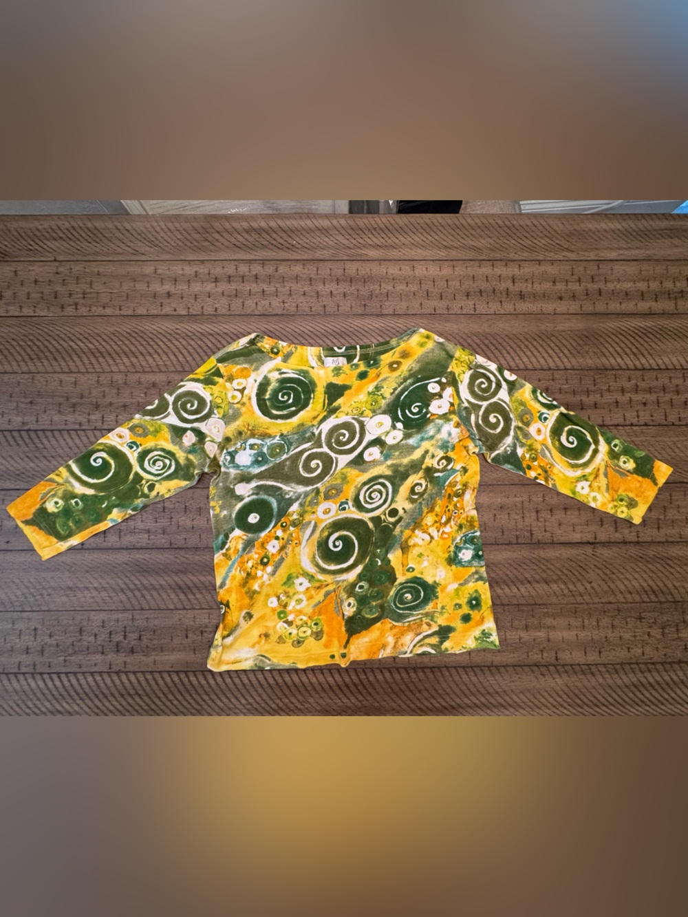 IOS Swirl Tye-Dye Embellished Green, Yellow and White Whimsy Top
